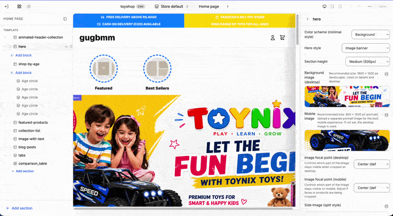 The Eekaam theme editor, customising a storefront in place