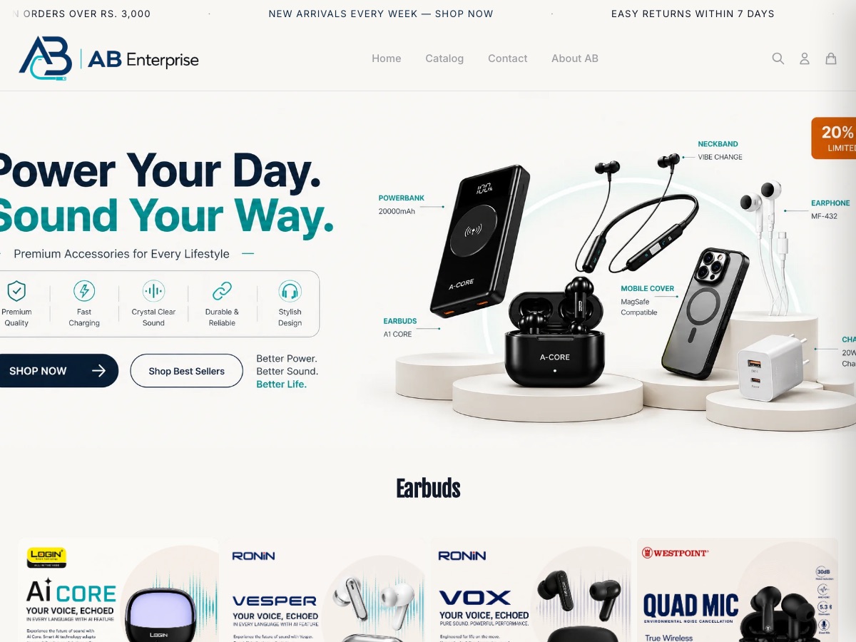 AB Enterprise mobile accessories store on its own domain, built on Eekaam in Pakistan