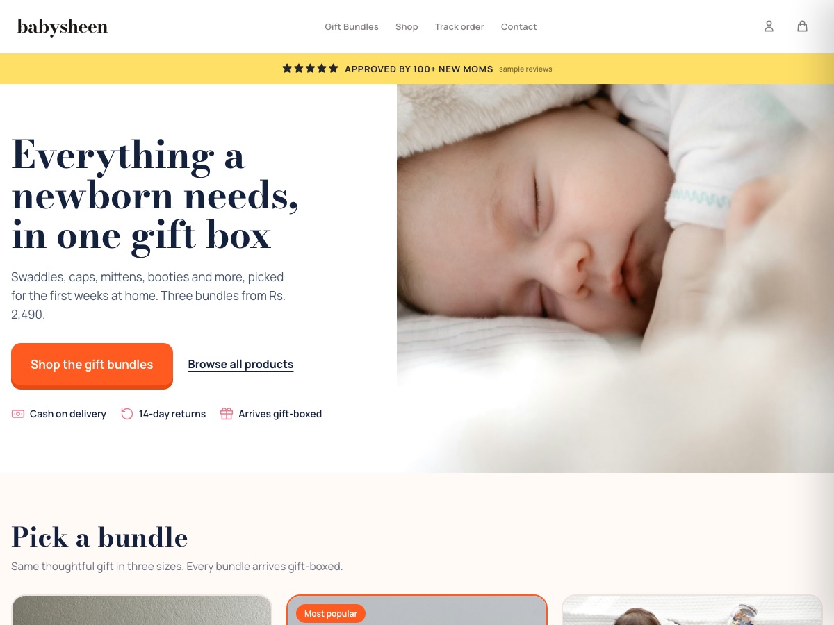 BabySheen newborn gift box store on its own domain, built on Eekaam in Pakistan